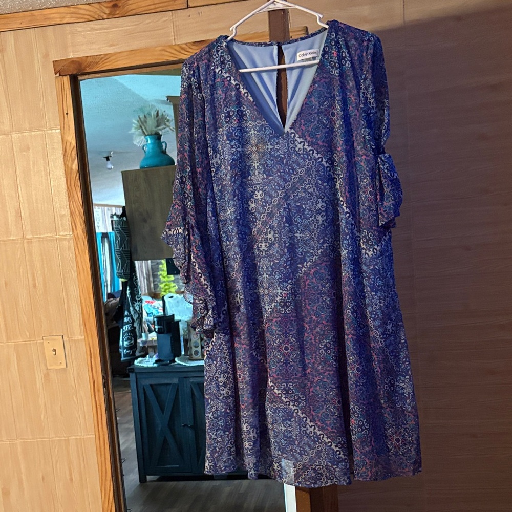 Calvin Klein Blue and Purple Long Sleeve Dress